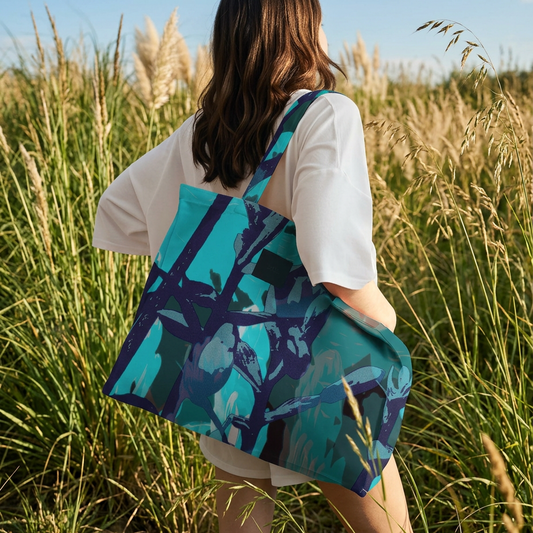 Person holding a blue and green patterned bag in a grassy field