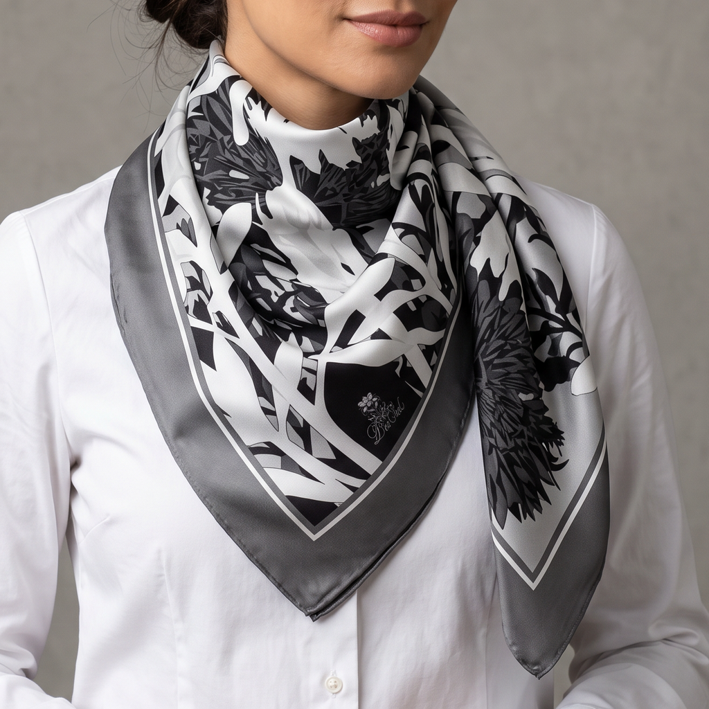 A woman wearing a white button-up shirt and a black and white patterned square scarf with a gray border, posed against a neutral gray studio background.