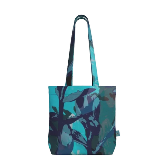 Tote bag with blue and green abstract pattern on a white background