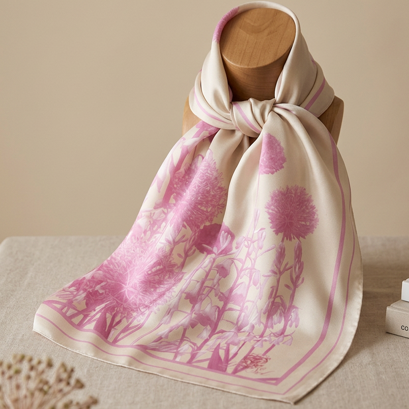A cream-colored silk scarf with a pink floral pattern, elegantly draped on a wooden mannequin stand. The scarf is styled on a neutral beige table next to a decorative dried flower and a stack of books, set against a solid beige background.