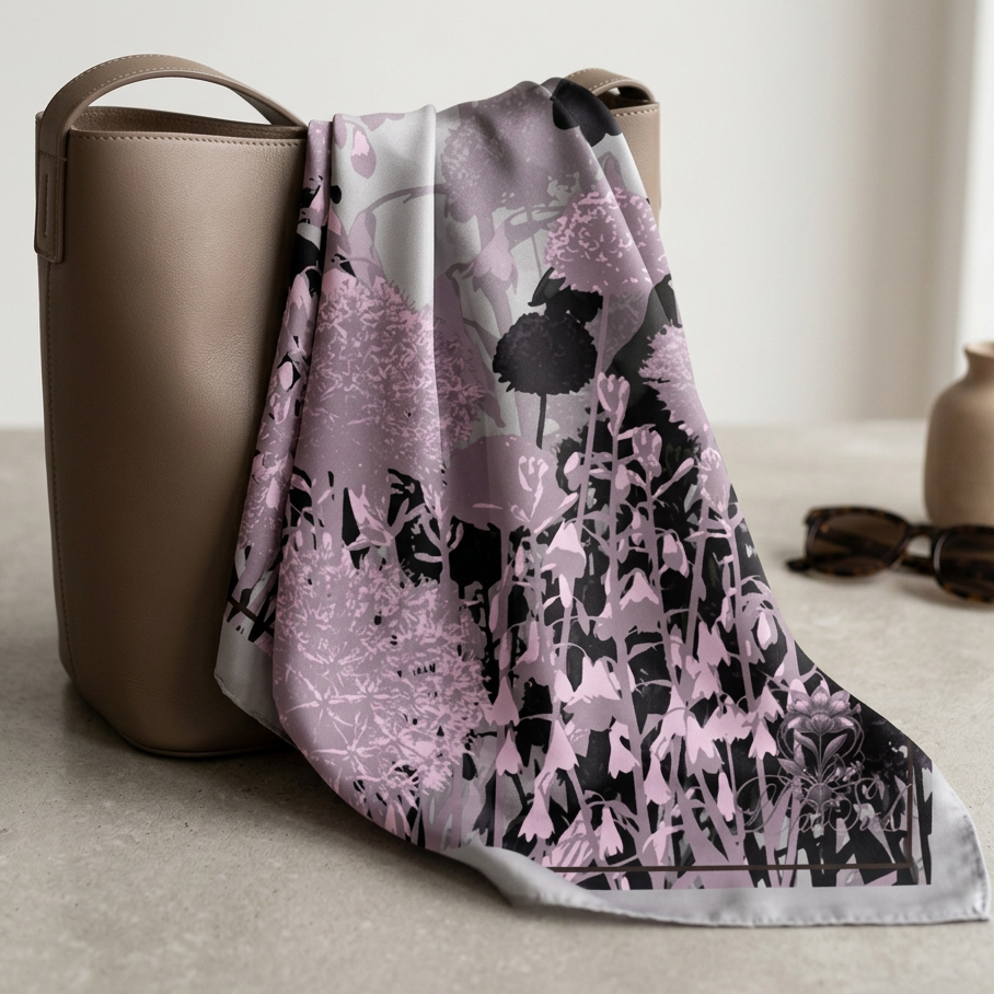 A square silk scarf with a botanical pattern in dusty pink, lavender, and black, draped over a taupe leather tote bag on a neutral stone surface.