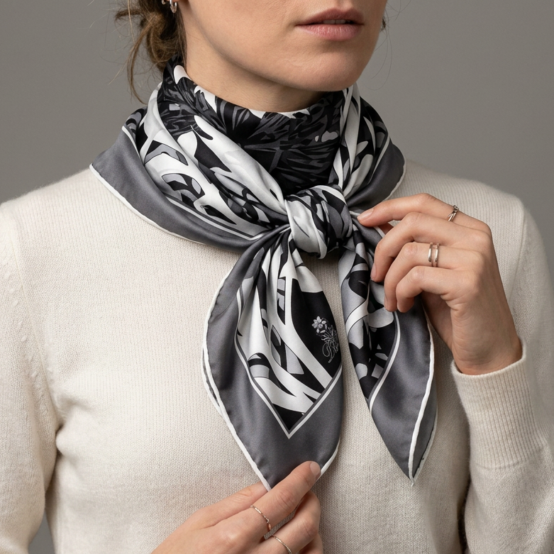 A woman wearing a cream knit sweater models a black, white, and gray patterned silk scarf tied around her neck. She is wearing silver rings and a small hoop earring against a solid gray studio background.