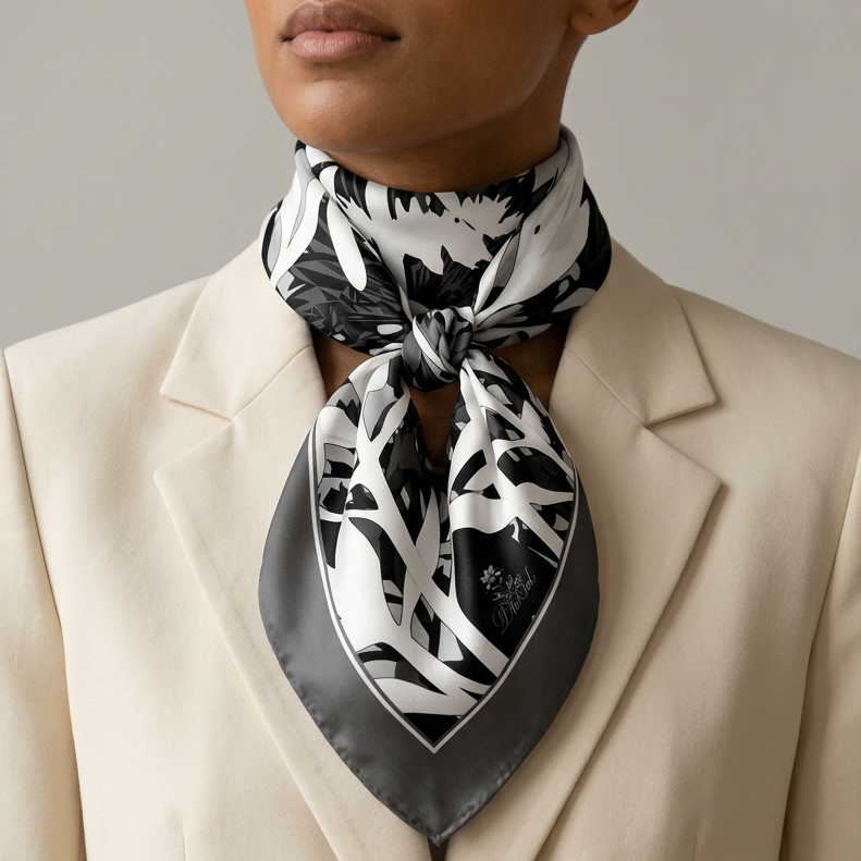 A close-up of a model wearing a cream-colored blazer and a black and white patterned silk scarf tied around the neck.