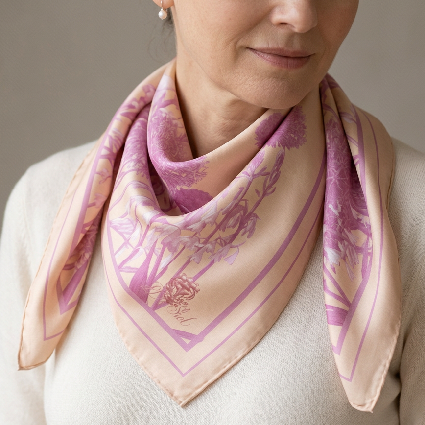 A woman wearing a light beige silk scarf with a pink and purple botanical pattern, styled around her neck over a cream-colored sweater.
