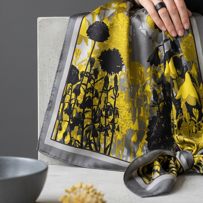 A person in a black top holds a square silk scarf draped over a gray concrete chair. The scarf features a bold yellow and black sunflower pattern with a gray border, set against a minimalist gray background with a small bowl and dried flower on the table.