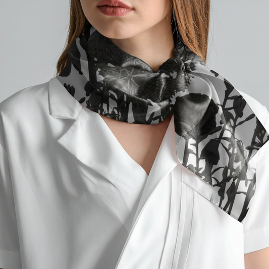 Person wearing a black and white patterned scarf on a gray background