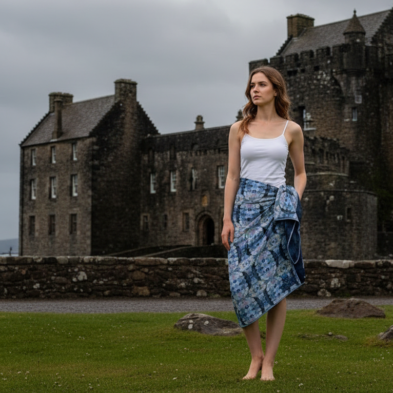 A woman stands barefoot on a grassy lawn in front of a large stone castle, wearing a white camisole top and a blue patterned sarong skirt.