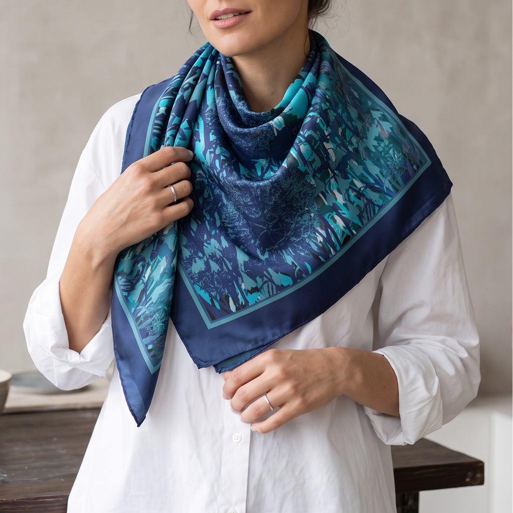 A woman wearing a white button-up shirt models a square silk scarf with a blue and teal abstract pattern in a minimalist studio setting.
