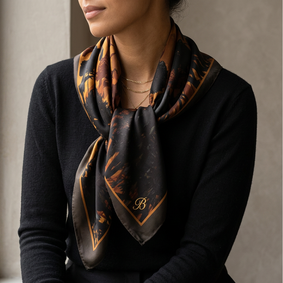 A woman wearing a black silk scarf with an orange-brown abstract pattern and a gold monogram 'B' in the corner, styled around her neck over a black sweater.