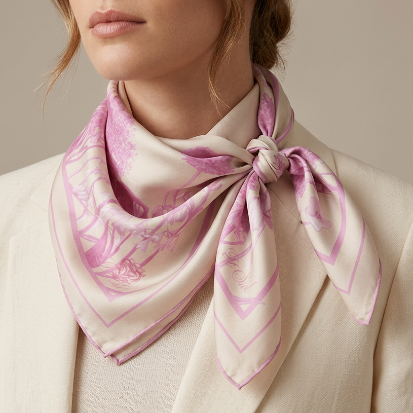 A close-up of a model wearing a cream silk scarf with pink floral and chevron patterns, tied neatly around her neck and styled with a cream blazer.