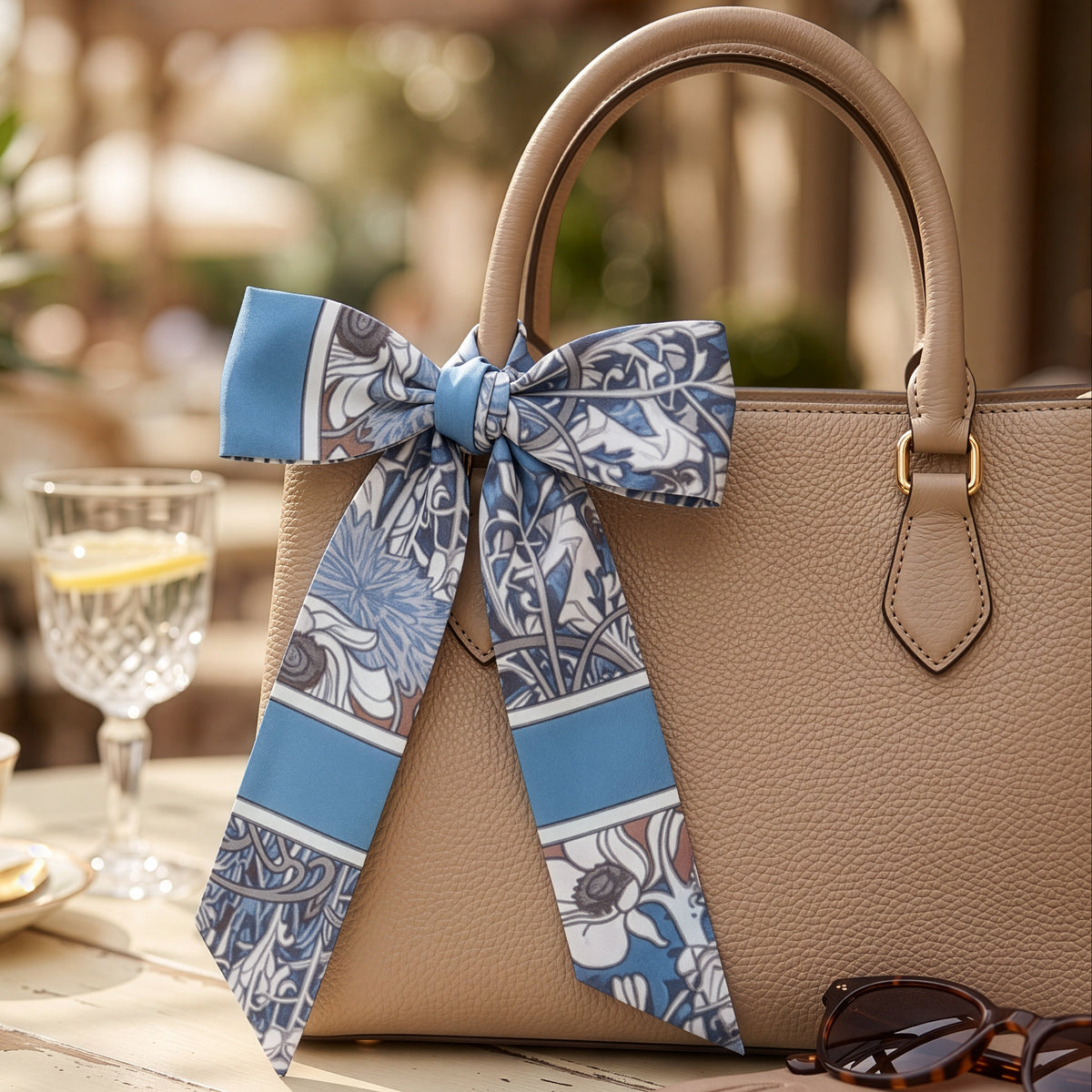 A beige pebbled leather handbag sits on a distressed white table outdoors, styled with a blue and white patterned silk scarf tied in a large bow. A teacup, a glass of lemonade, gloves, and sunglasses are arranged around it, with a blurred garden and patio background.
