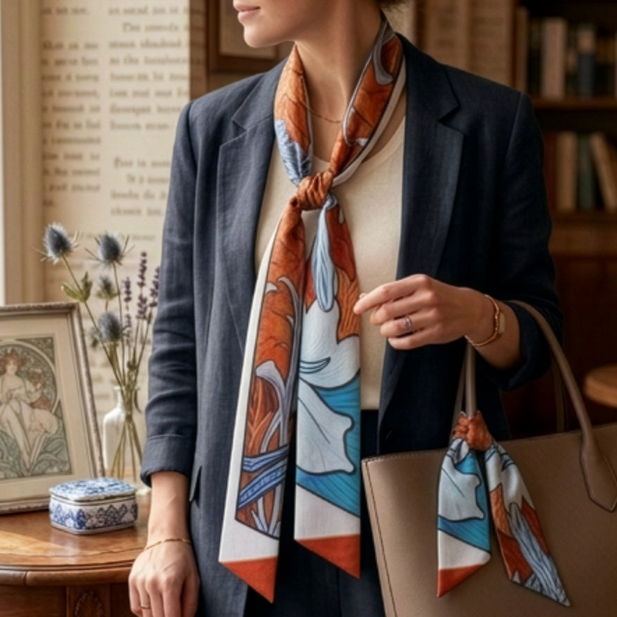 A woman wearing a navy blazer and cream top models a patterned silk scarf with orange, blue, and white abstract designs. She is holding a beige tote bag in a warm, book-filled room setting.