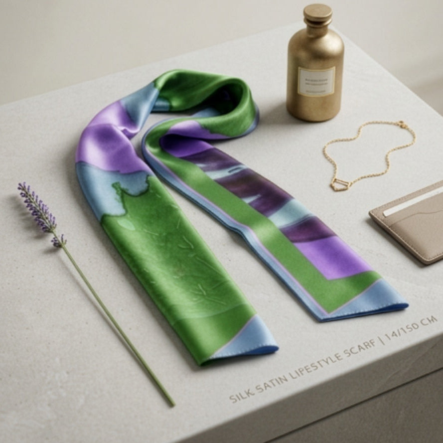 A silk satin lifestyle scarf with a green, purple, and blue abstract pattern, styled on a light gray stone surface alongside a gold bottle, a gold necklace, a beige card holder, and a sprig of lavender.