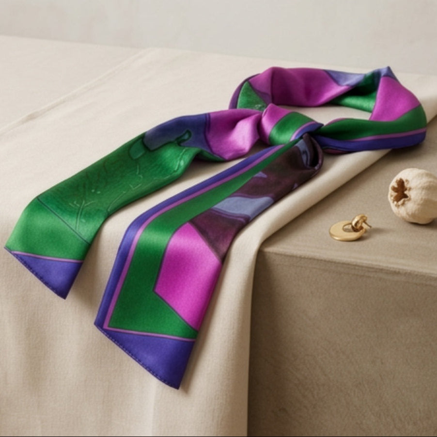 A silk scarf with a vibrant abstract pattern of green, purple, and magenta, draped elegantly on a beige fabric-covered table alongside a small gold ring and a dried flower.