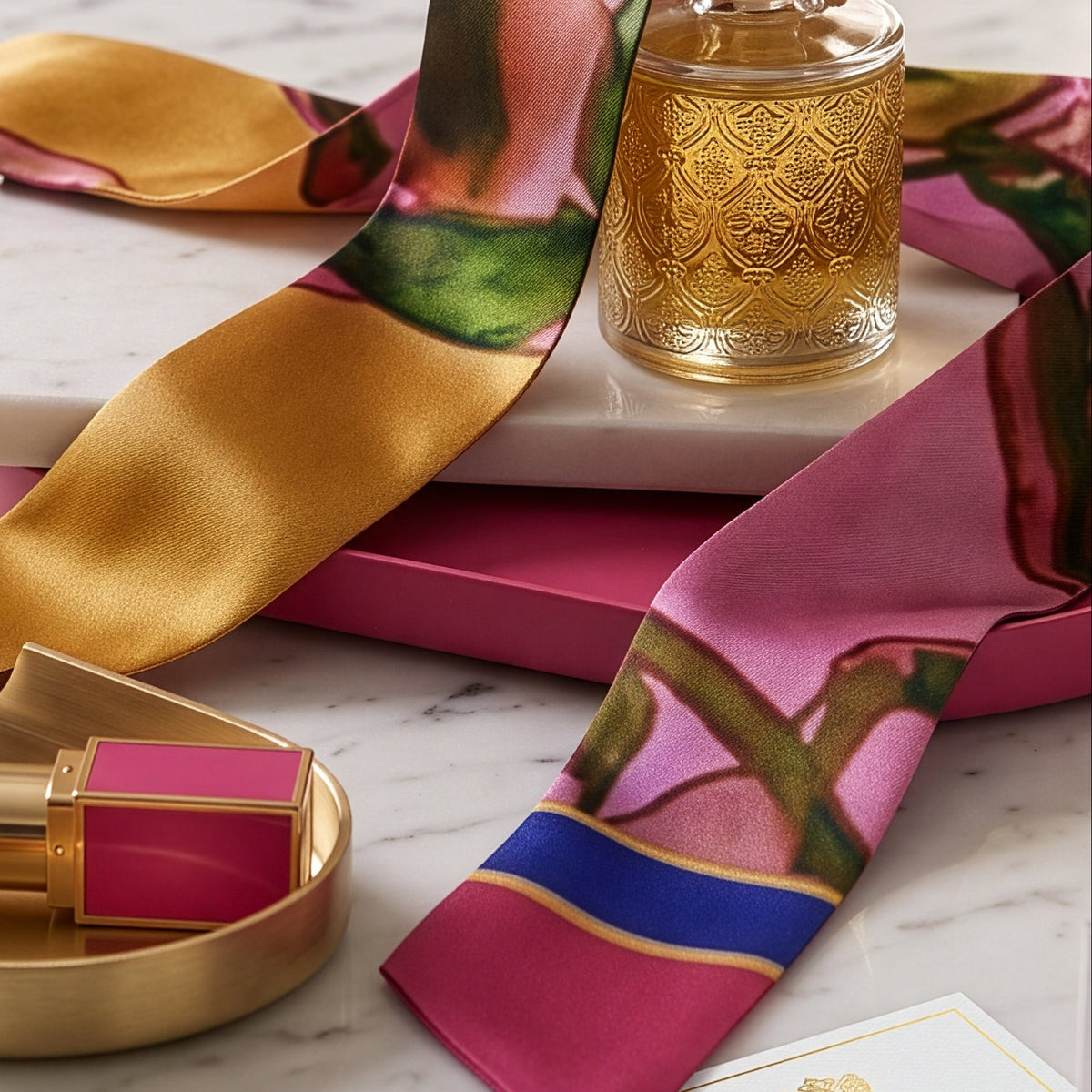 A luxury gift set from Nina Rose on a white marble table, featuring a pink and gold silk scarf, a floral perfume bottle, a lipstick in a gold tray, a gold bracelet, and a white gift box with a pink ribbon.