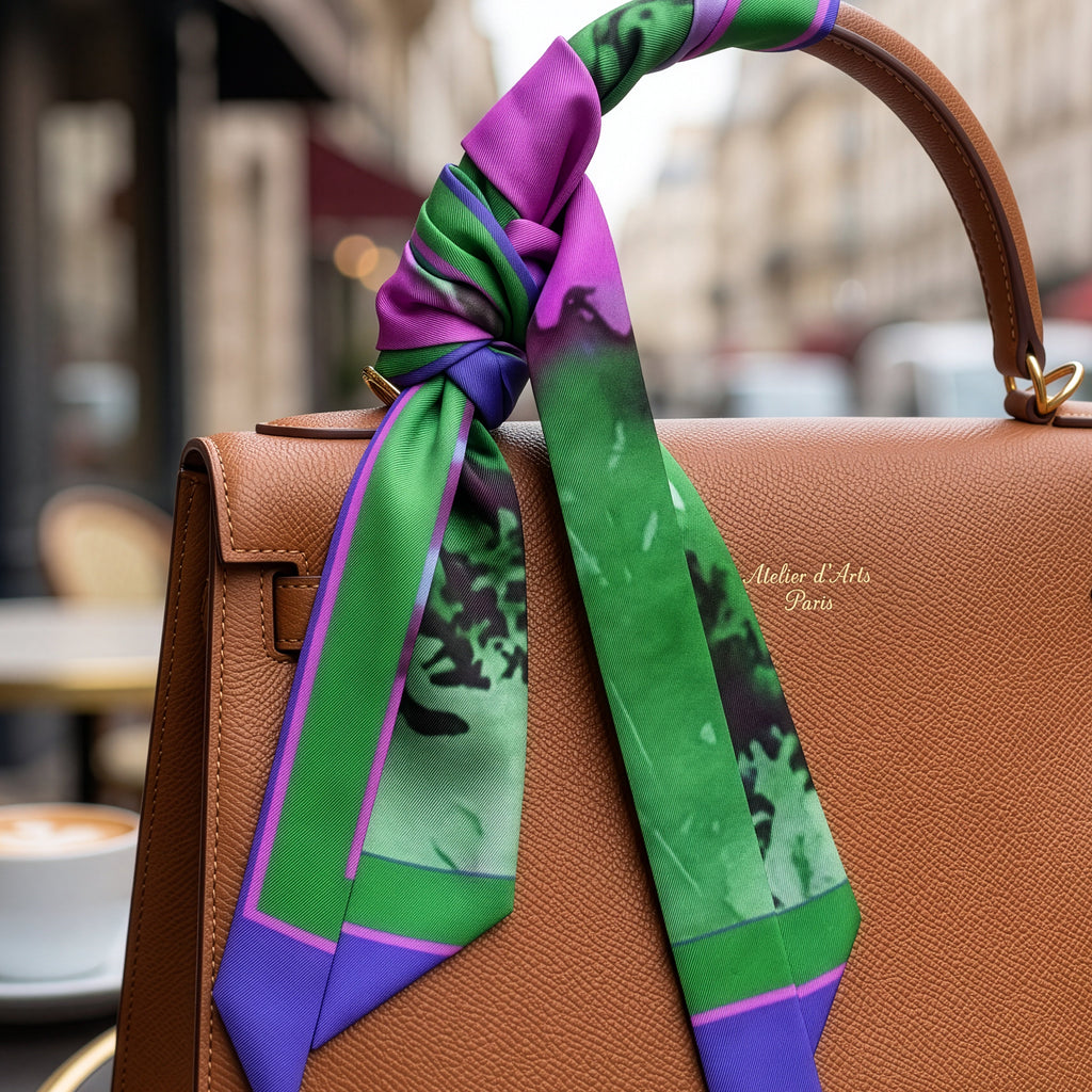 A brown leather handbag with a colorful silk scarf tied around its handle, set in an outdoor cafe environment.