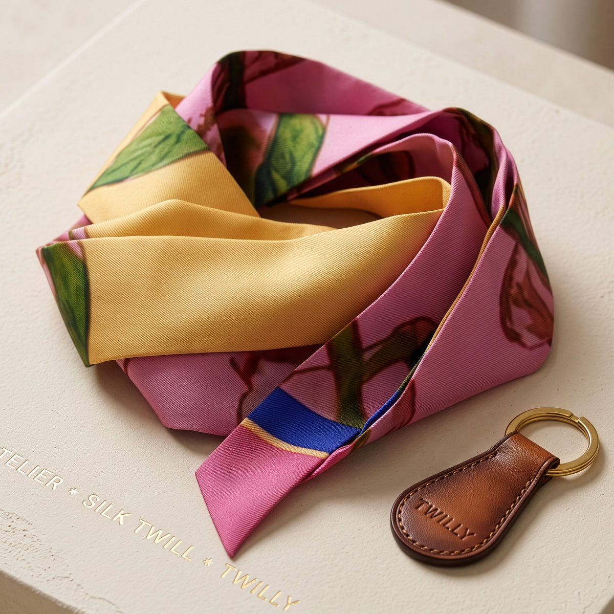 A silk scarf with a pink, yellow, and green floral pattern is draped on a cream-colored textured box next to a brown leather keychain ring with a gold metal loop. The box has gold lettering that reads 'ATELIER • SILK TWILL • TWILLY'.
