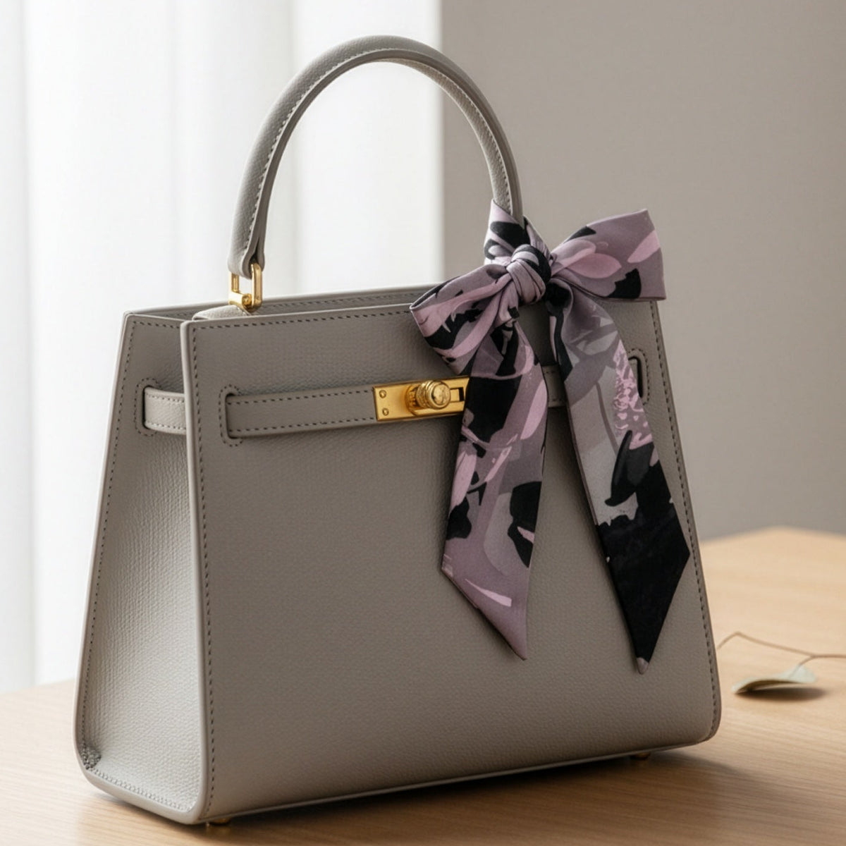 A structured light gray leather handbag sits on a wooden table beside a cup of coffee and sunglasses. The bag has a top handle, a front flap with a gold-tone lock, and a patterned scarf tied in a bow around the handle.