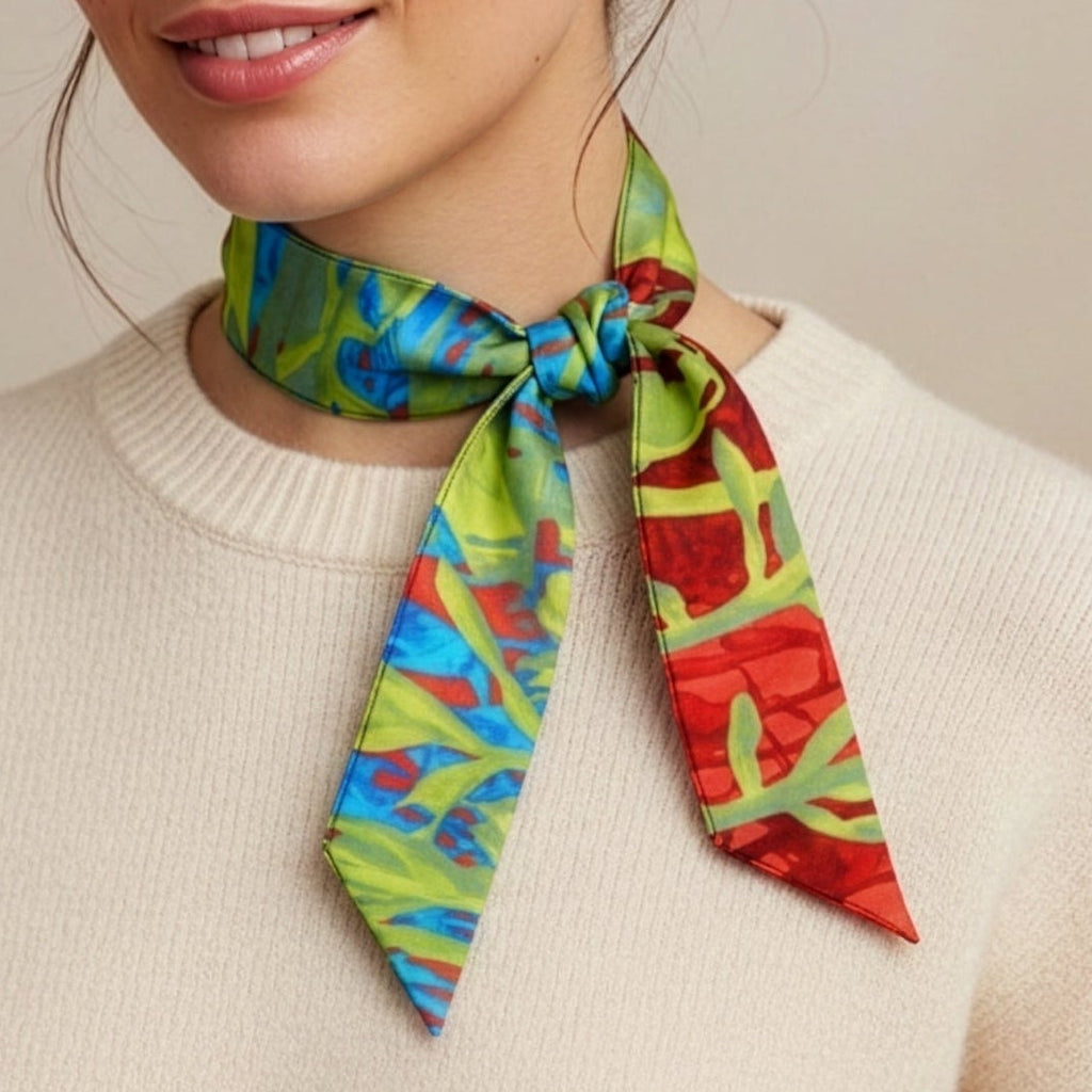 A woman wearing a cream-colored knit sweater and a colorful abstract-patterned silk neck scarf tied around her neck, set against a solid beige background.