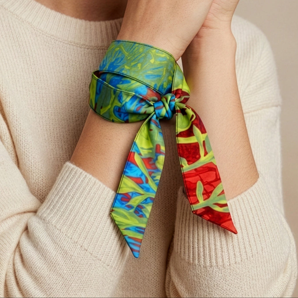 A close-up of a woman wearing a cream knit sweater and a colorful patterned silk scarf tied around her wrist, with her hands resting near her face against a soft beige background.
