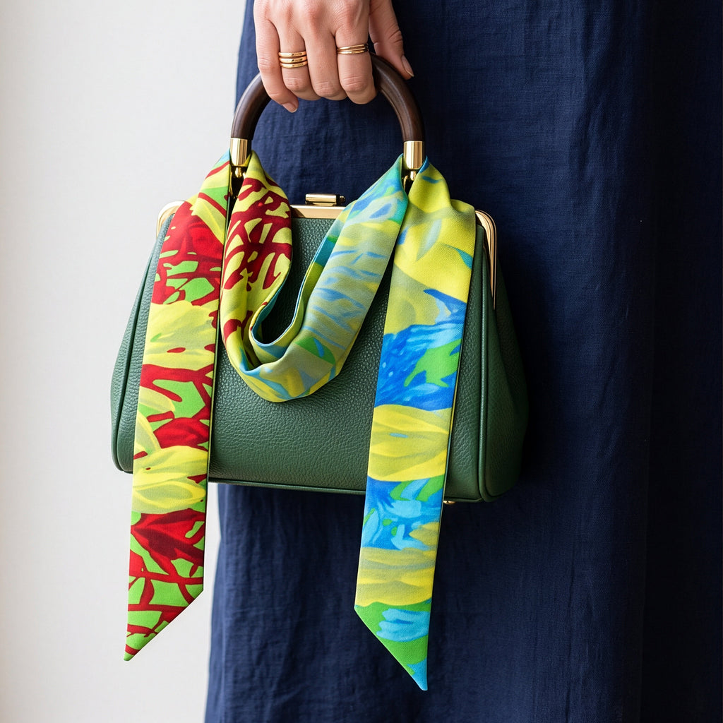 A person in a navy dress holds a structured green handbag with a colorful silk scarf draped over it. The scarf has abstract brushstroke patterns in yellow, green, blue, and red.