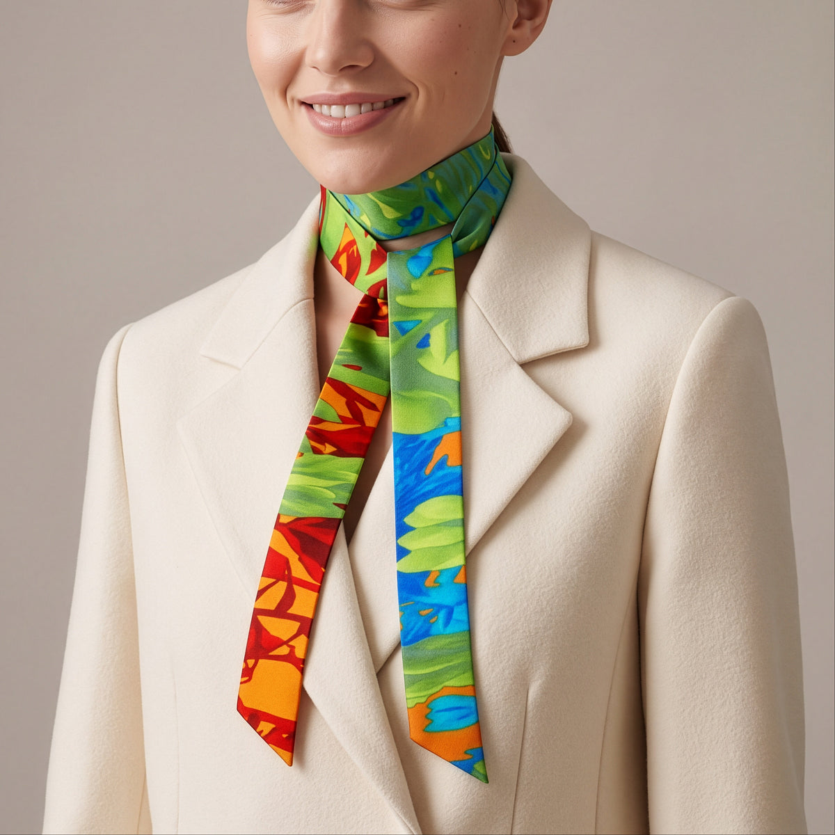 A woman wearing a cream-colored blazer and a vibrant, multicolored abstract-patterned silk scarf tied around her neck, photographed against a solid neutral beige background.