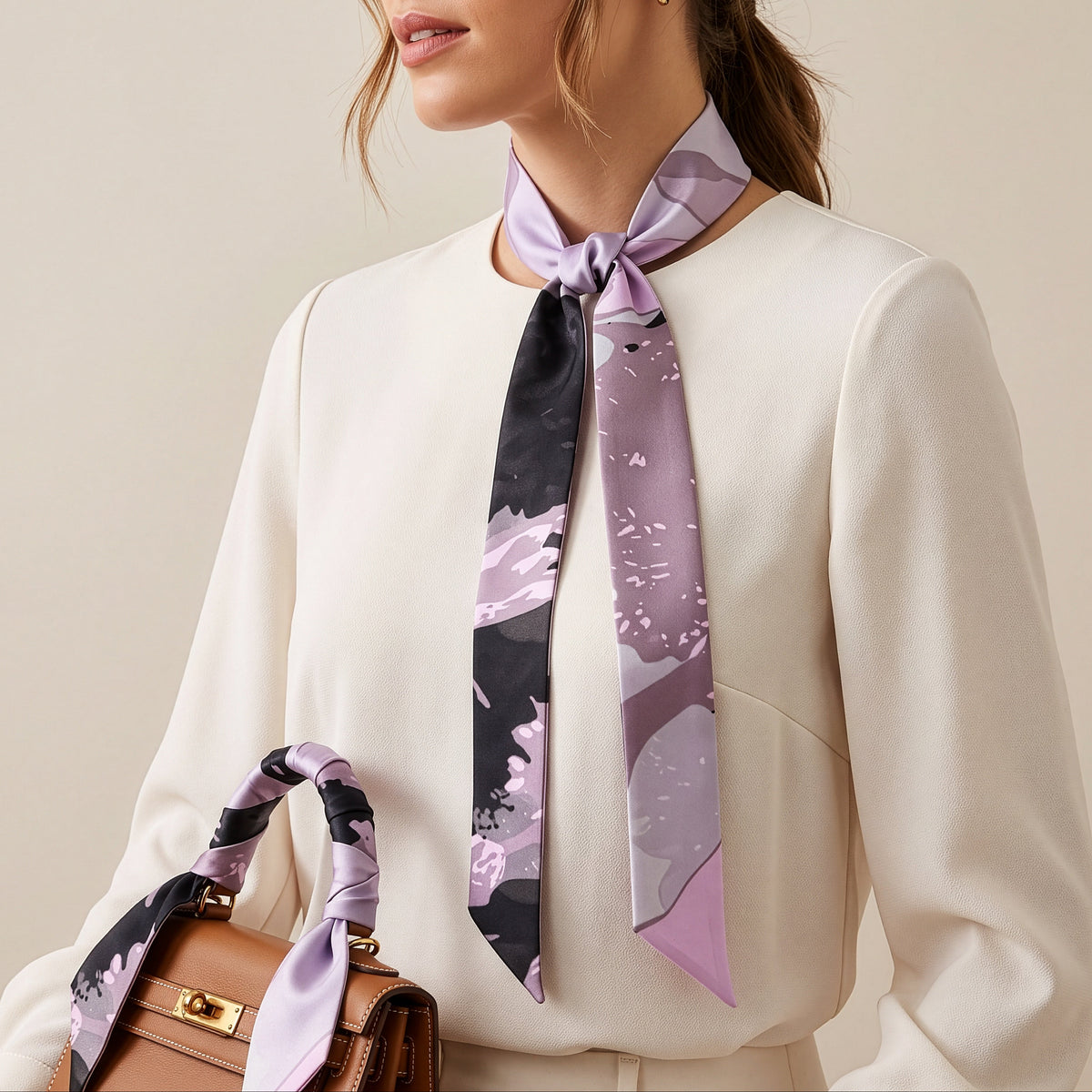 A woman wearing a cream-colored long-sleeve top and a purple and black patterned silk neck scarf tied at the collar, holding a brown leather handbag with a matching scarf handle, against a solid beige background.