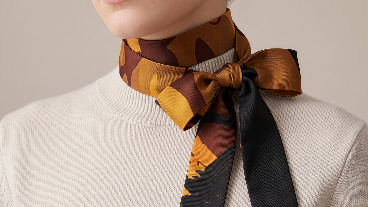 A close-up of a model wearing a patterned silk neck scarf tied in a bow around the neck, paired with a cream-colored knit sweater. The scarf features a mix of mustard yellow, brown, black, and orange abstract patterns.