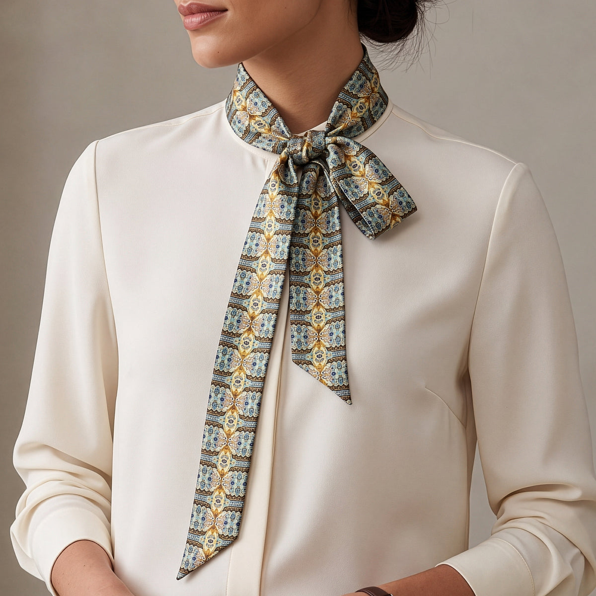 A woman wearing a cream-colored long-sleeve blouse with a patterned necktie in blue, gold, and white, set against a neutral beige background.