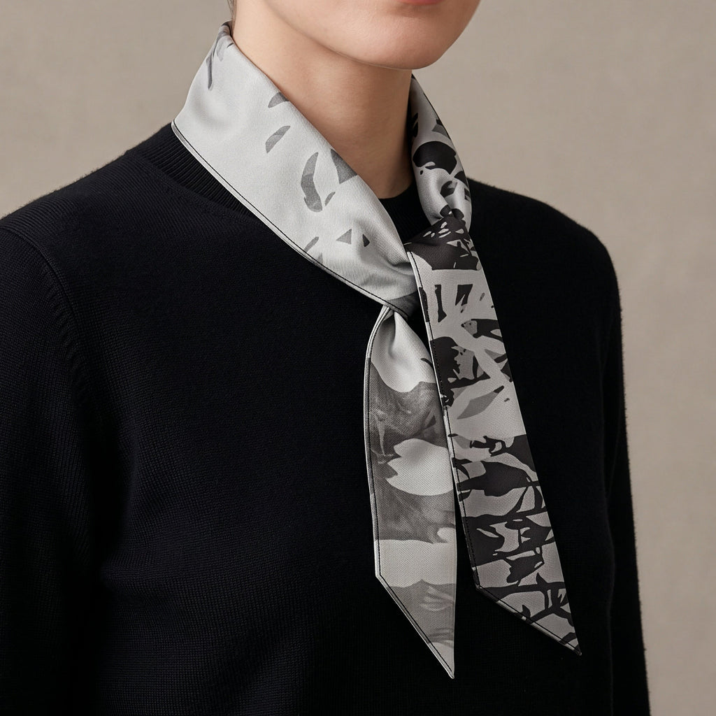 A close-up of a model wearing a black knit sweater and a gray and black abstract patterned silk neck scarf tied around the collar.