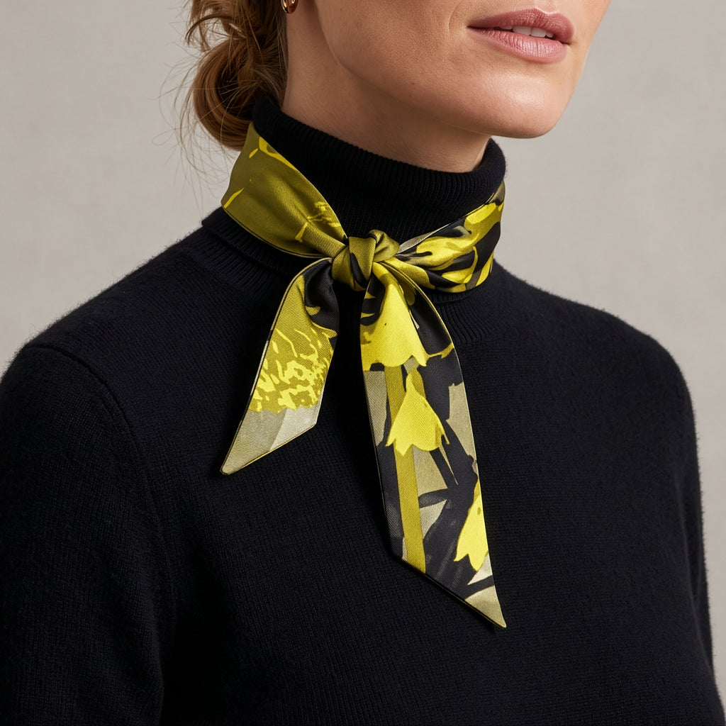 A woman wearing a black turtleneck sweater and a yellow and black patterned silk neck scarf, photographed against a neutral light gray background.