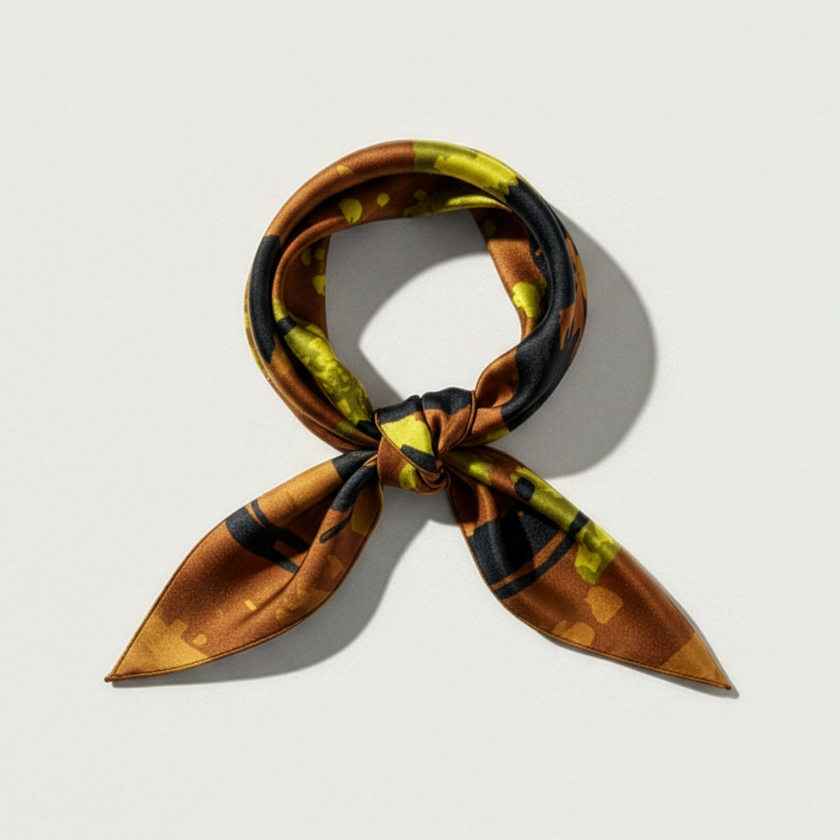 A silk scarf with a brown, black, and olive green abstract pattern, tied in a loop and displayed on a light gray background.