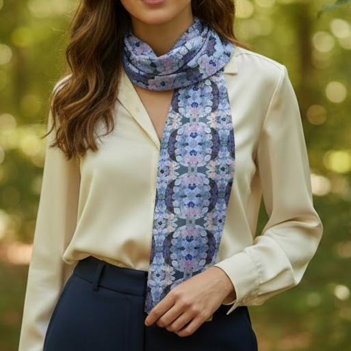 Woman wearing a blue patterned scarf in a forest setting