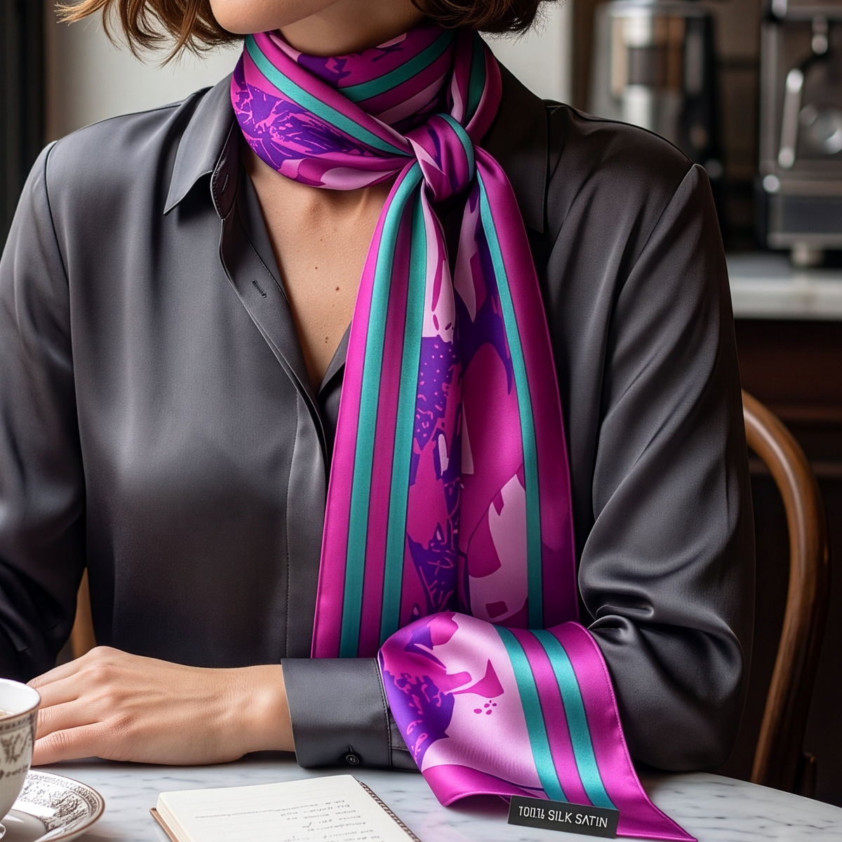 A woman wearing a shiny dark gray satin shirt and a vibrant purple silk scarf with teal stripes and a pink floral pattern, sitting at a marble table with a coffee cup and notebook.