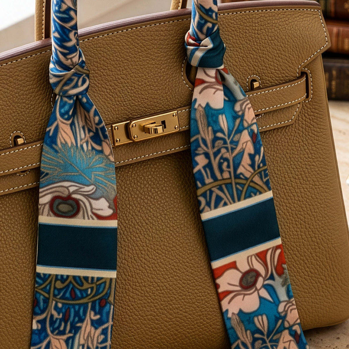 A tan leather handbag with a blue and beige patterned silk scarf tied to the handle, styled on a light stone tabletop with books, sunglasses, jewelry, and a person's hand and wrist visible.