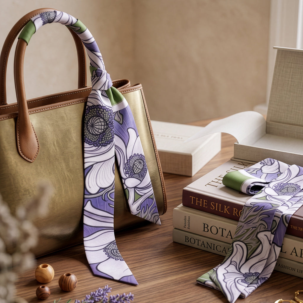 A styled product scene showing a tan tote bag with a purple, white, and green floral silk scarf draped over the handle, alongside books and small decorative props on a wooden table.