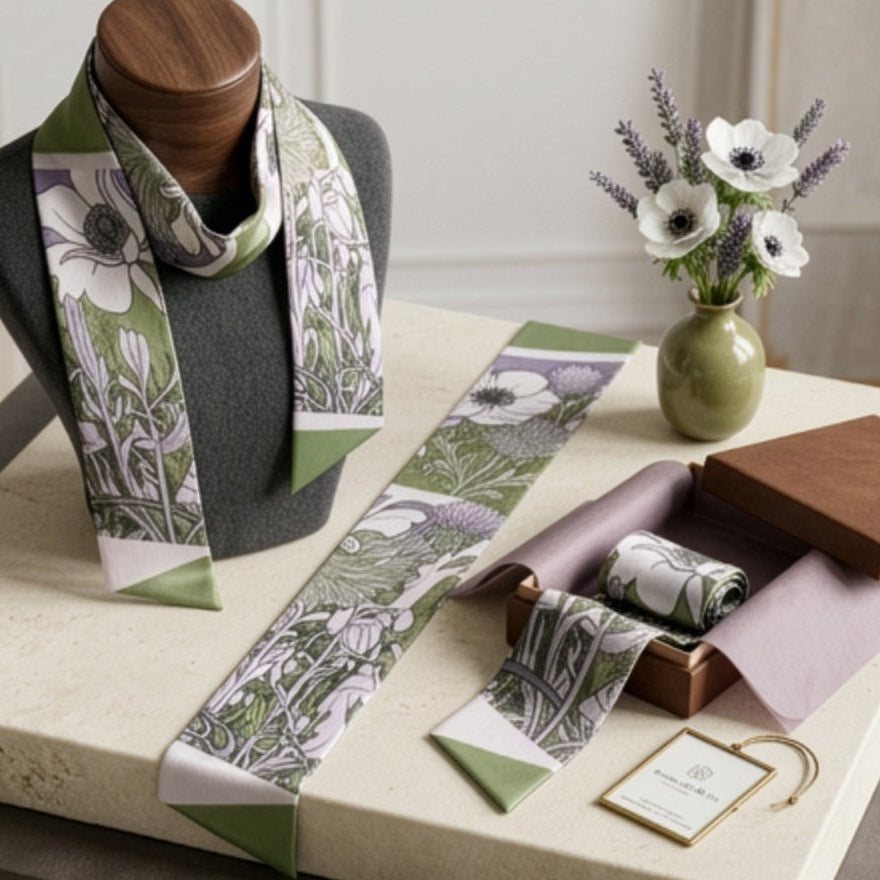 A silk scarf with a botanical and floral pattern in sage green, white, and gray, styled on a dark gray mannequin bust and laid out on a light stone table alongside a small vase of white flowers, a lavender box, and a branded hangtag.