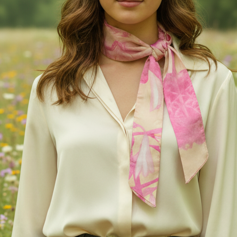 Person wearing a pink floral scarf on a blurred green background