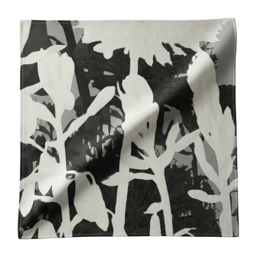 Black and white patterned fabric on a light gray background