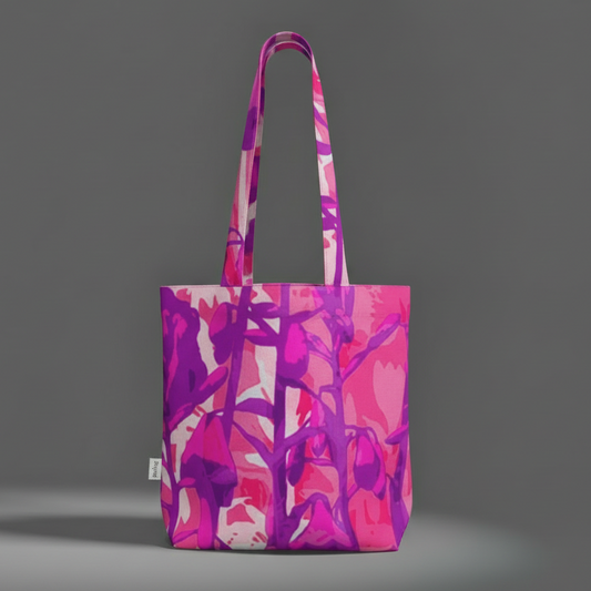 Tote bag with pink and purple floral pattern on a gray background