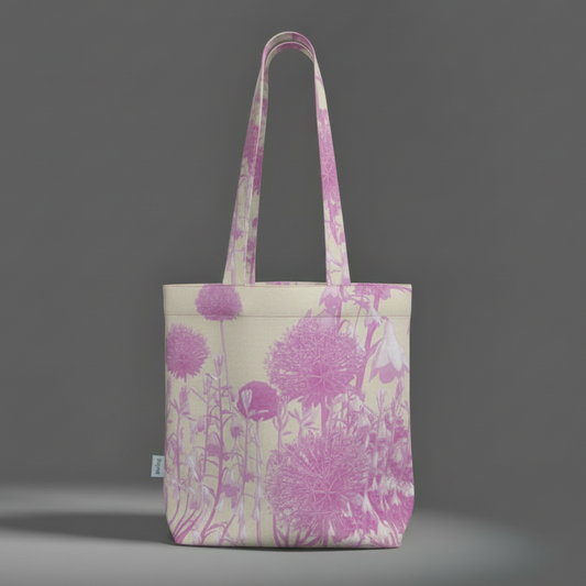 Tote bag with floral design on a gray background