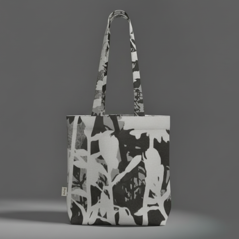 Tote bag with black and white abstract pattern on a gray background