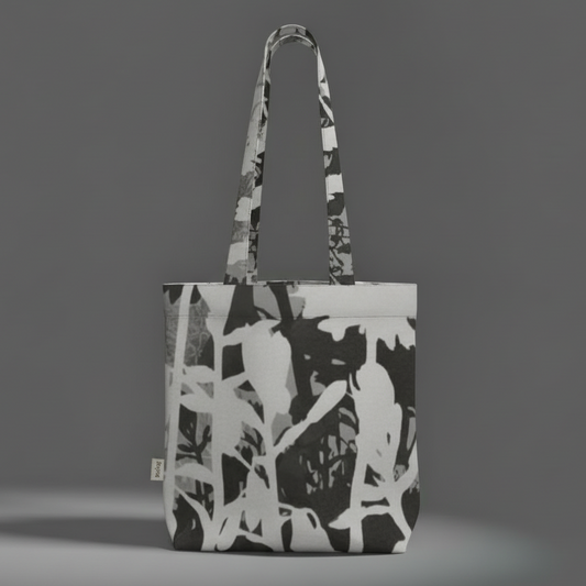 Tote bag with black and white abstract pattern on a gray background