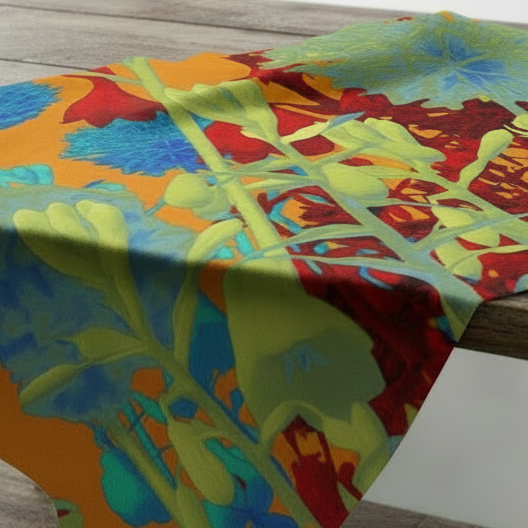 Colorful floral-patterned tablecloth on a wooden table with a white background