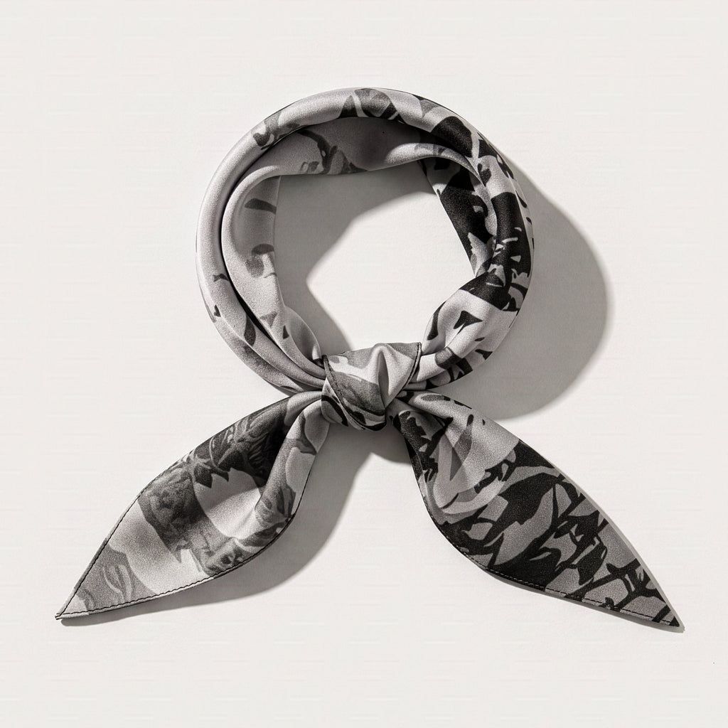 A black and white patterned silk scarf tied in a loop with two pointed ends, displayed on a clean off-white background.