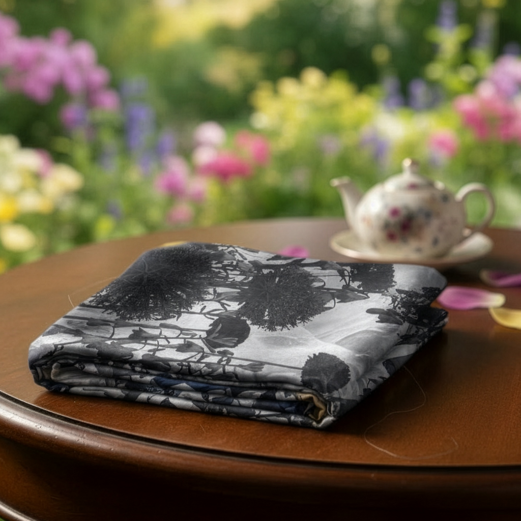 Folded black and white fabric on a wooden table with a teapot and floral background
