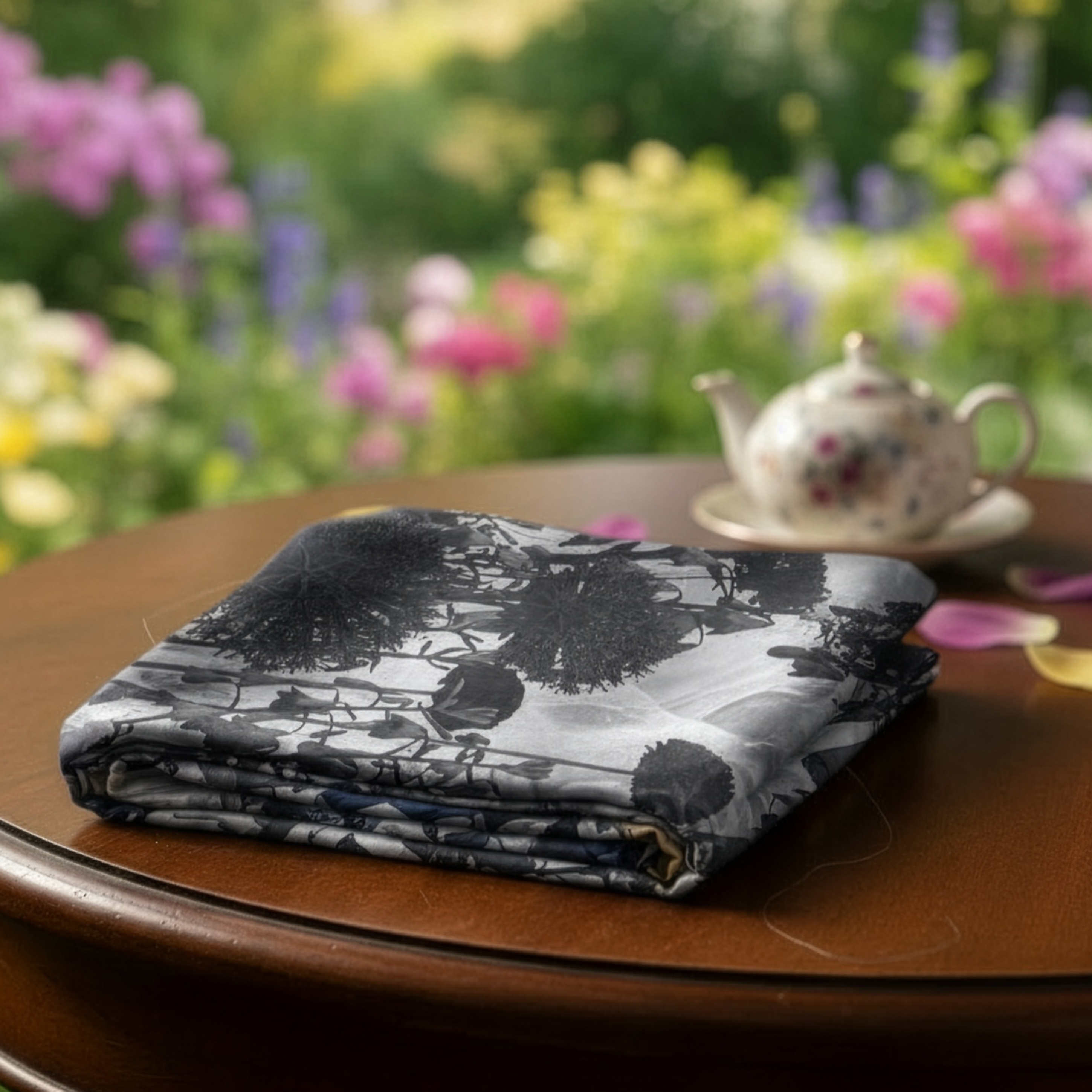 Folded black and white fabric on a wooden table with a teapot and floral background