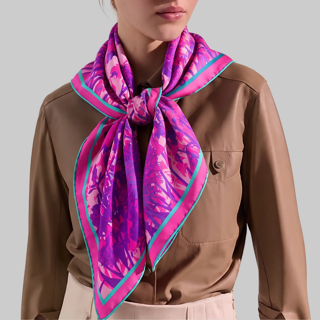 A woman wearing a brown button-up shirt and light-colored trousers, styled with a vibrant pink and purple patterned silk scarf featuring turquoise blue borders, set against a light, textured studio background.
