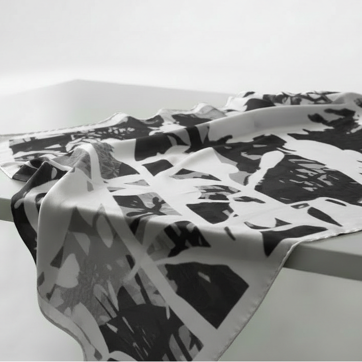 Black and white patterned towel on a white surface