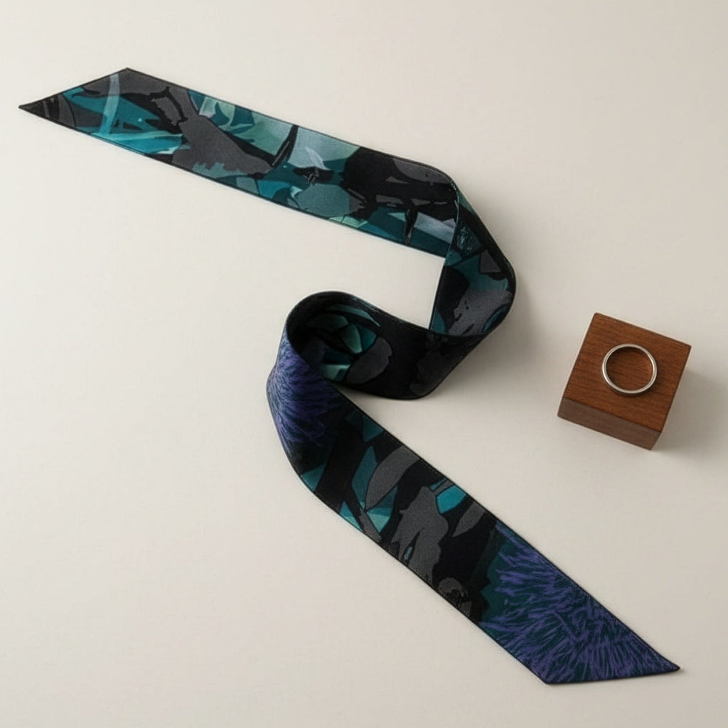 A slim necktie with a dark blue and black tropical leaf pattern, displayed on a light beige background next to a small wooden box holding a silver ring.